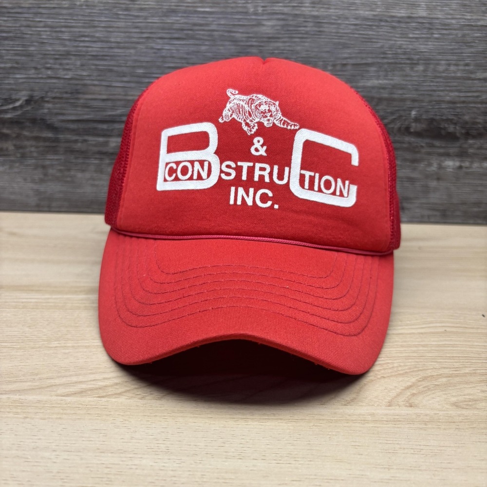 Vintage B & C Construction Hat Cap Snap Back Red Mesh Trucker Patch Mens 80s